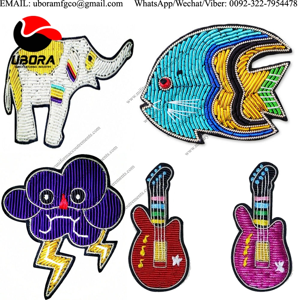 Bullion wire Hand-embroidered elephant, fish, guitar ,Brooch Indian Silk Badge Cloud Lightning Women