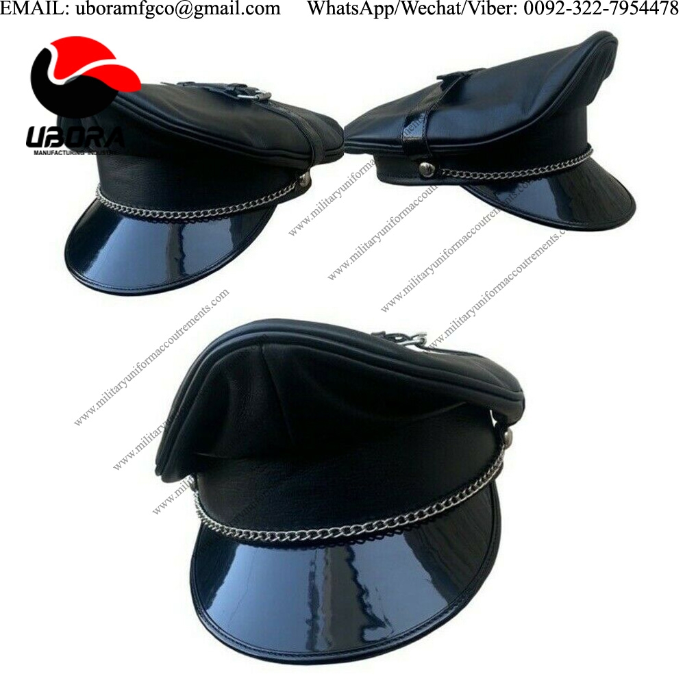 Biker,Army,Muir,Peaked,Police Gay Cap Full Black with Chain+strap Peak Cap and Peak hat Manufacturer