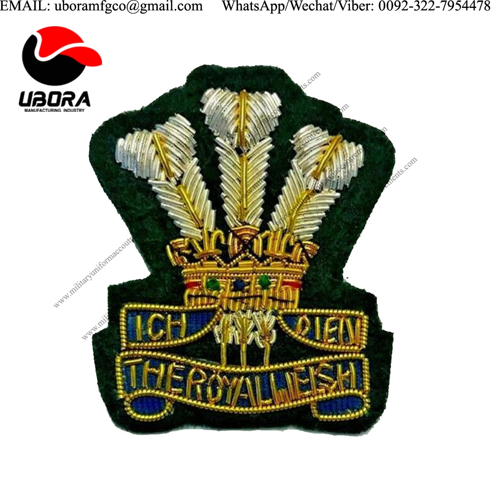 Custom ROYAL WELSH OFFICER HAT CAP BADGE NEW HAND EMBROIDERED Bullion wire Motif, Bullion wire 
