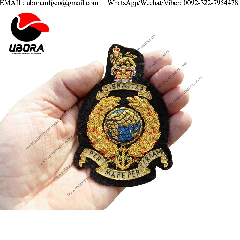 Pakistan supplier The Corps of Royal Marines Bullion Blazer Badge Gold gold work Indian hand knitted