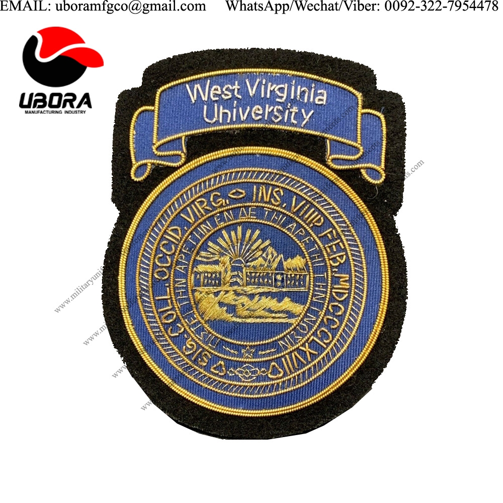 military uniform accoutrements West Virginia University Bullion Badge Custom Hand Embroidered Wire