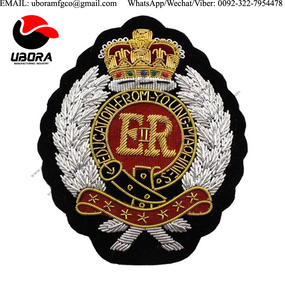high quality badge Hand Embroidery Gold and Silver Bullion Wire Badges emblem, crests, Bullion wire 
