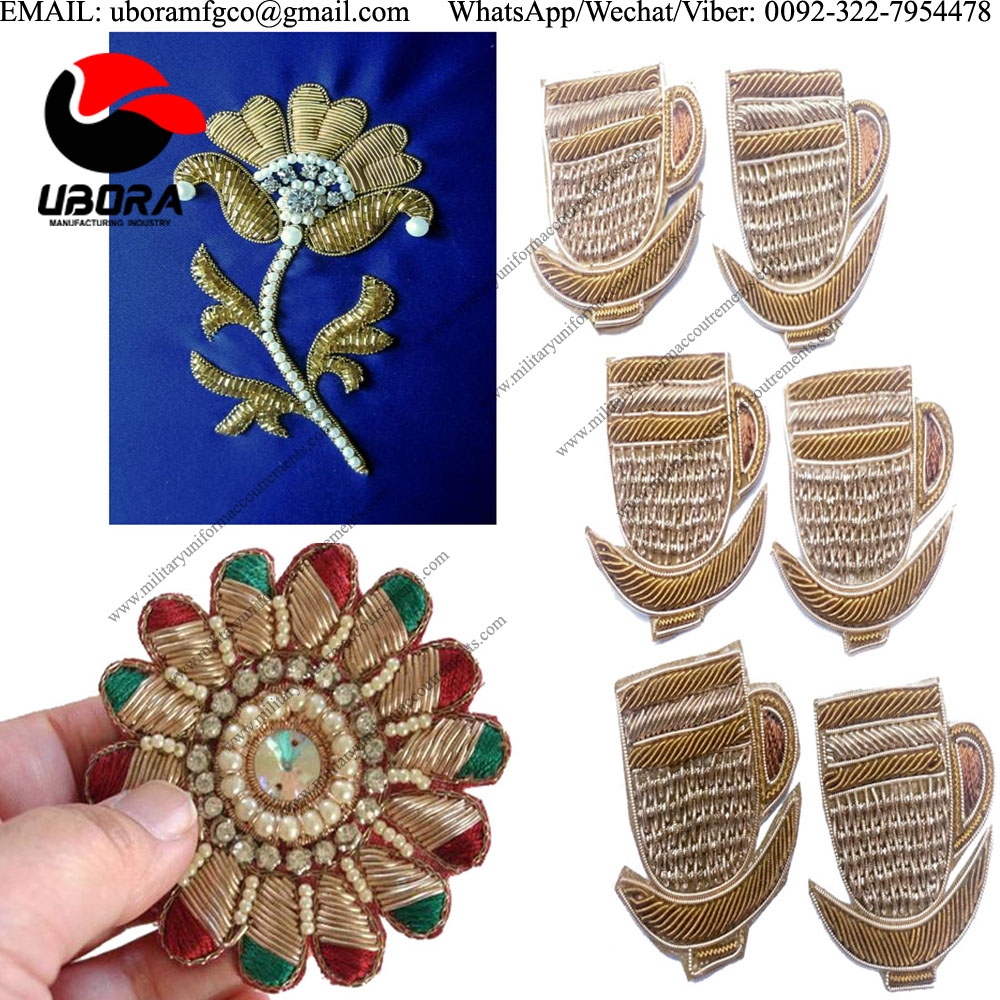 Bullion wire Beautiful Cup-red flowerSaucer Applique Patch Beaded Applique Accessories Dress 