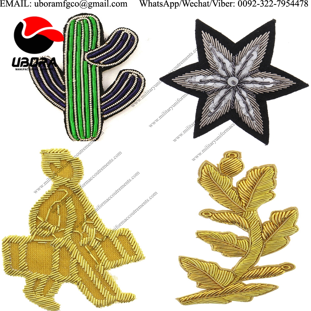 Bullion wire Cheap Custom Army School Blazer Bullion Wire Patches Hand Embroidery Leaf Shape Badge