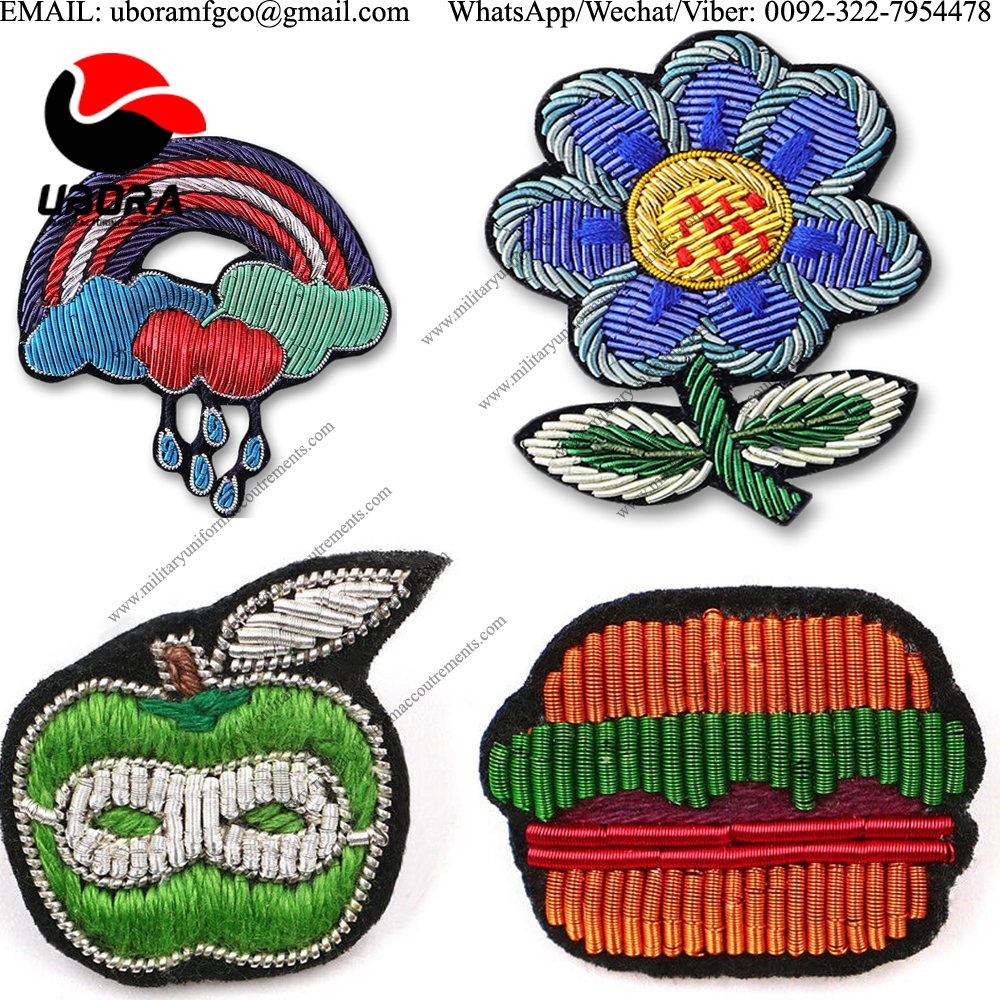 Bullion wire embroidery handmade badge rain bow sunflower, apple ,burger, funny Brooches interesting