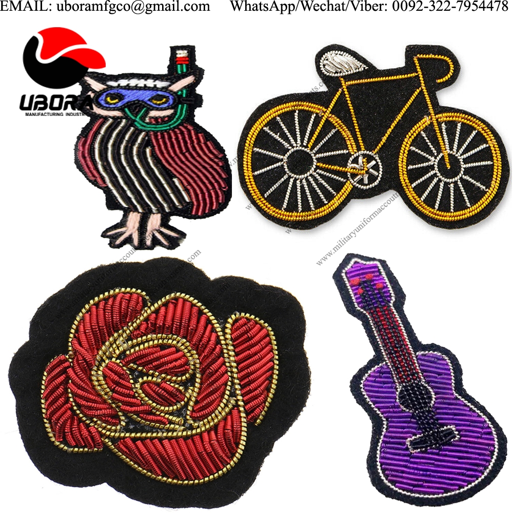 bullion wire hand embroidery owl, cycle, flower and guitar shape brooch mini brooches