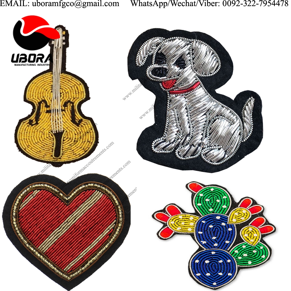 hand embroidery bullion wire guitar, dog, heart and other brooch shape best quality