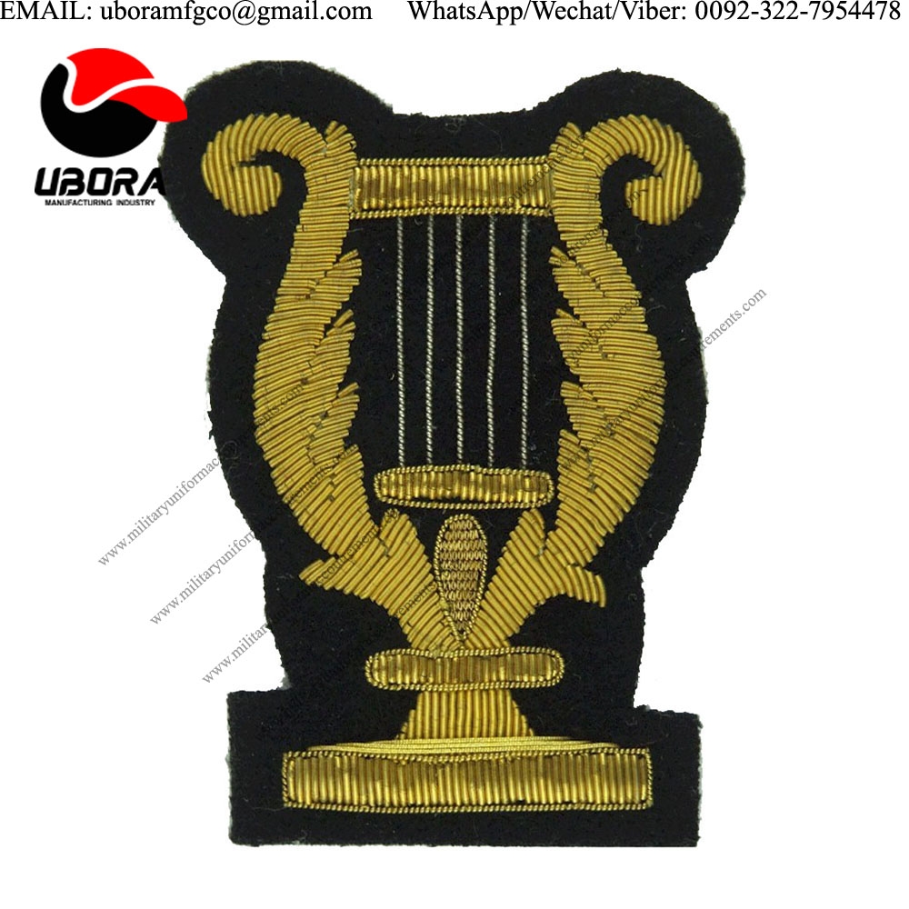 sew on badge Lyre (No Crown Or Wreath) Large On Navy Blue Bullion wire-embroidered Musician, piper, 
