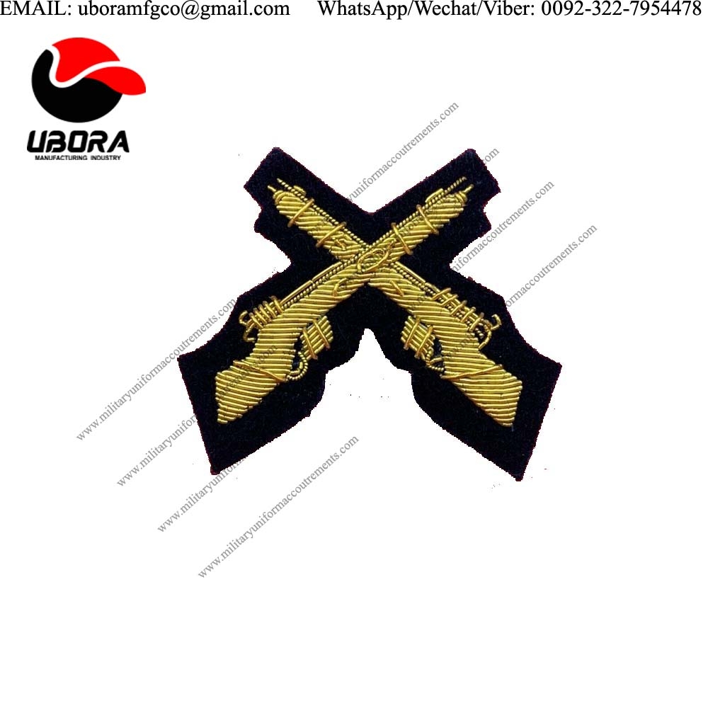 military badge Mess Dress Crossed Rifles Gold On Black Cloth CUSTOM MADE BULLION WIRE BADGES, CUSTOM