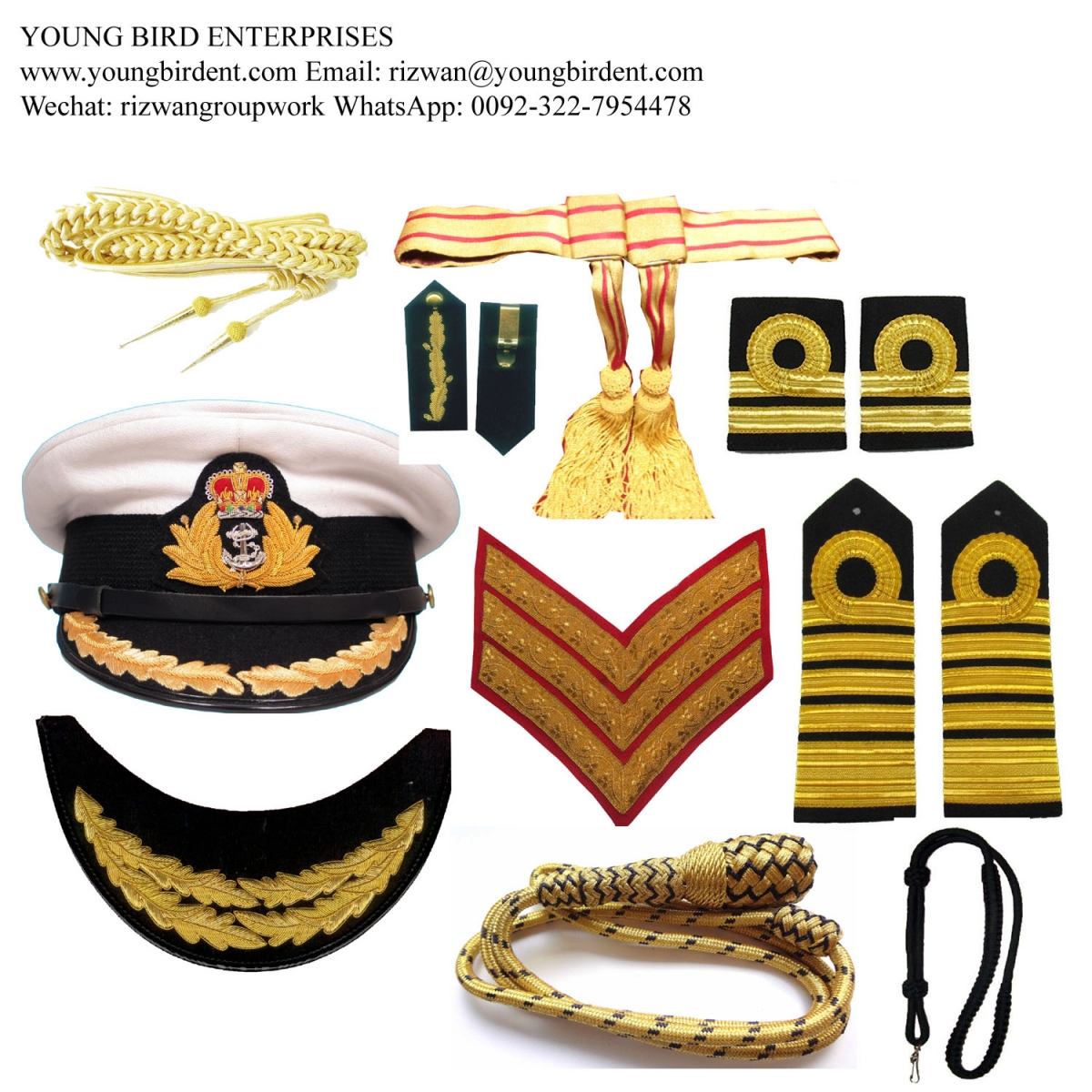 Military uniform accessories, bullion badges, aiguillettes, caps