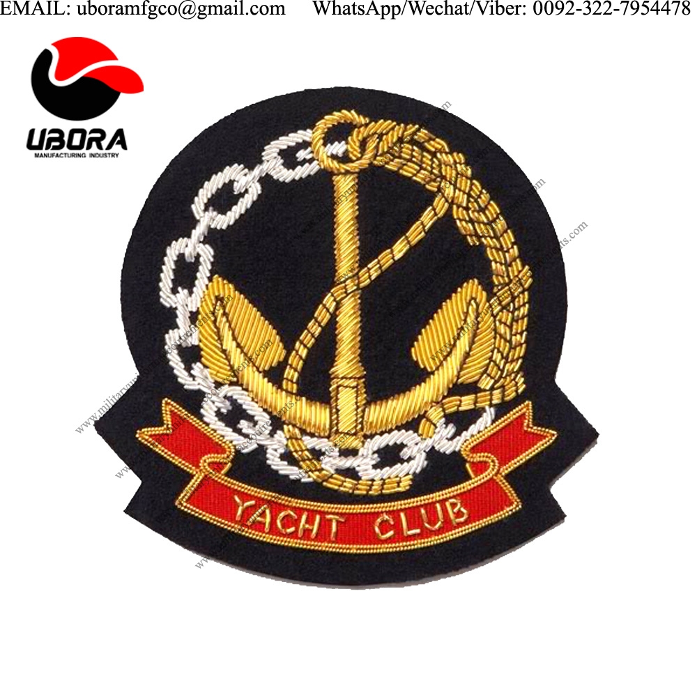 HAT CAP BADGE Yacht Club Gold Bullion Wire Embroidered Crest Badges  bullion wire badges, customized