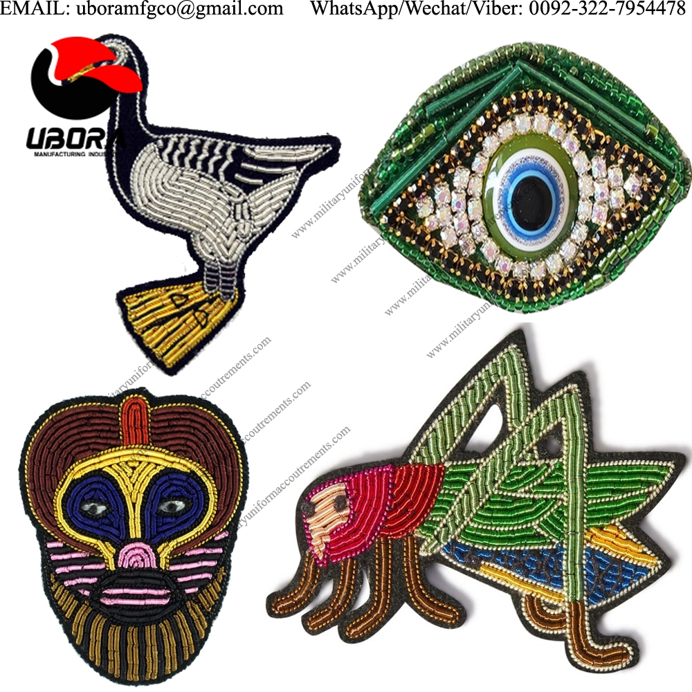 bullion wire Goose brooch  evil eye, grollia, grasshopper, Supplier Custom Hand Embroidery India 