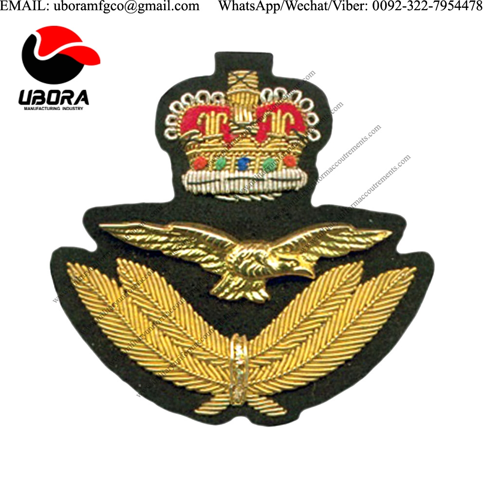 wholesale suppliers RAF Queens crown Bullion Wire knitted badge,RAF gold bulion wire military 