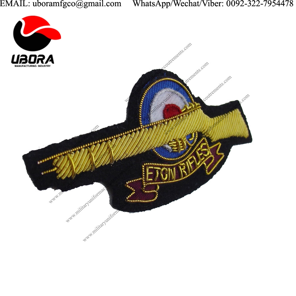 customized goldwork Eton Rifles Shoulder Roundel Badge Bullion Badge patches, Military Bullion Wire