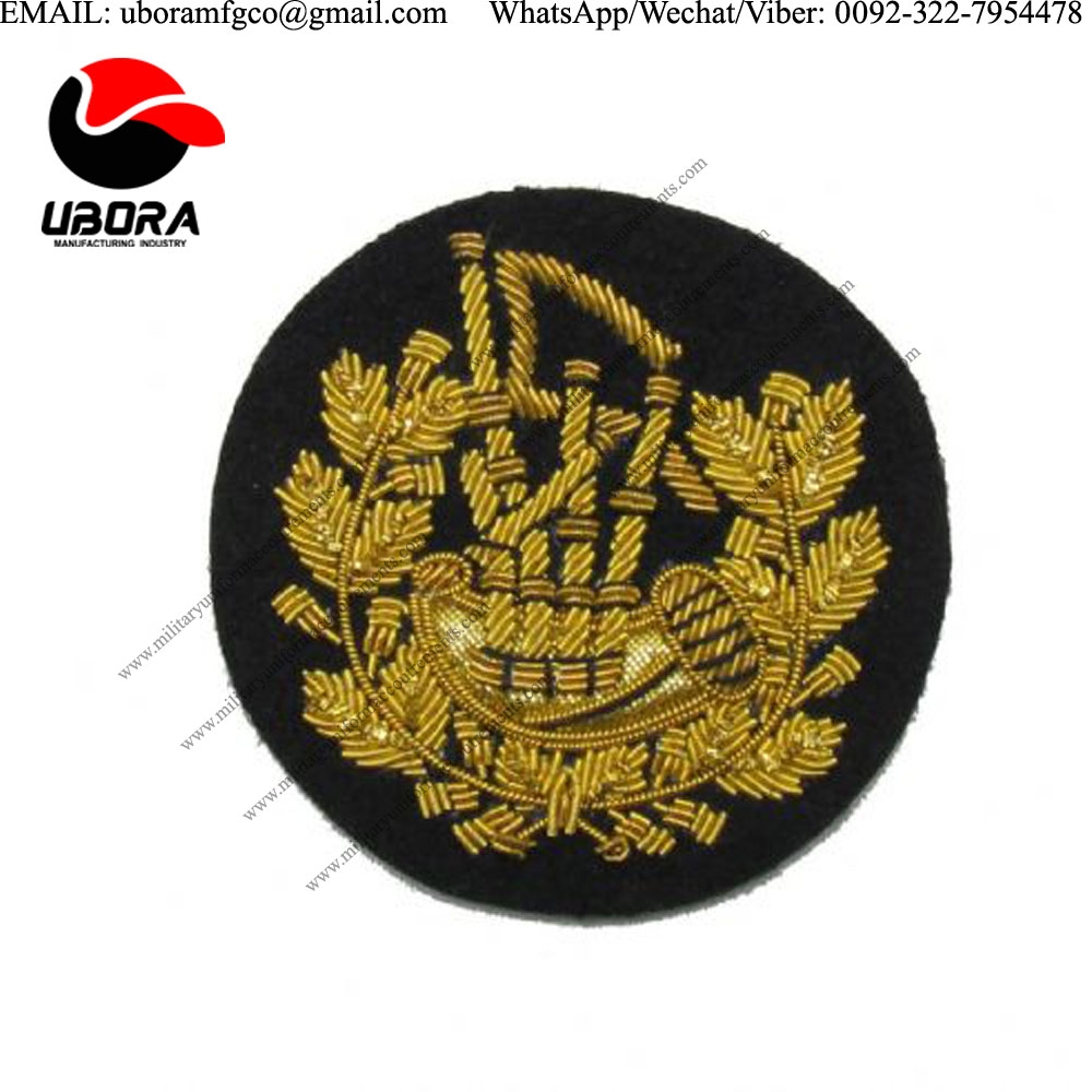 hand embroidered badge pipe major gold on black small 6 cms wide wire emblem, Bullion wire Motif, 